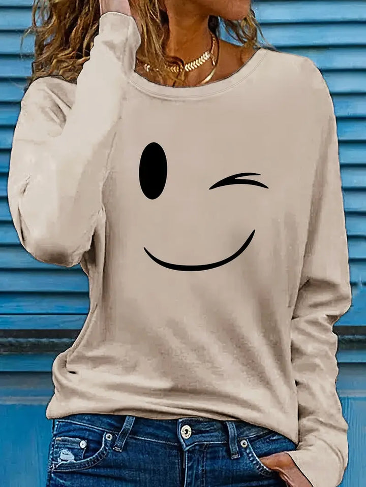 Odalina - Casual Smiley Wink Printed T-Shirt