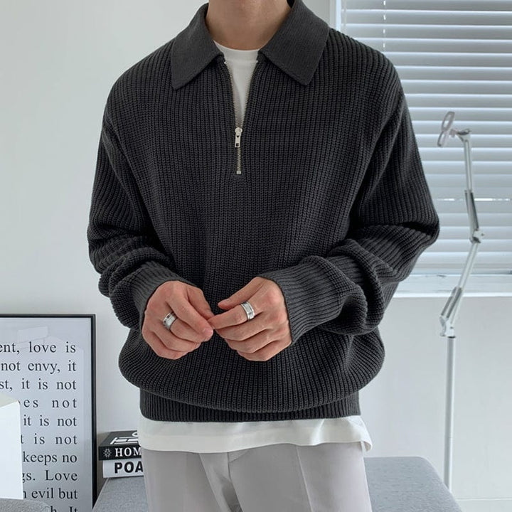 Cozy Knitted Half Zip Sweater with Adjustable Collar