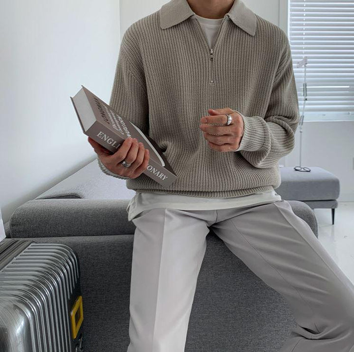 Cozy Knitted Half Zip Sweater with Adjustable Collar