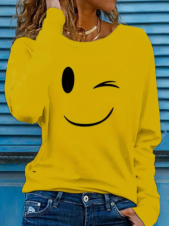 Odalina - Casual Smiley Wink Printed T-Shirt