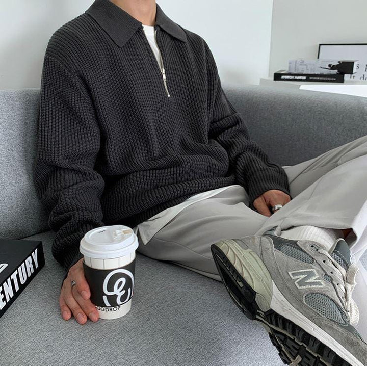 Cozy Knitted Half Zip Sweater with Adjustable Collar