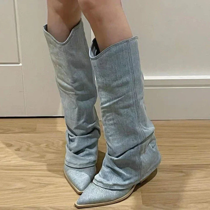 Polly - Trendy Knee-High Denim Boots
