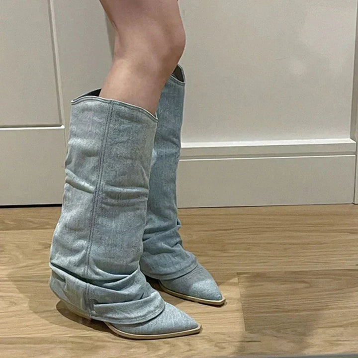 Polly - Trendy Knee-High Denim Boots