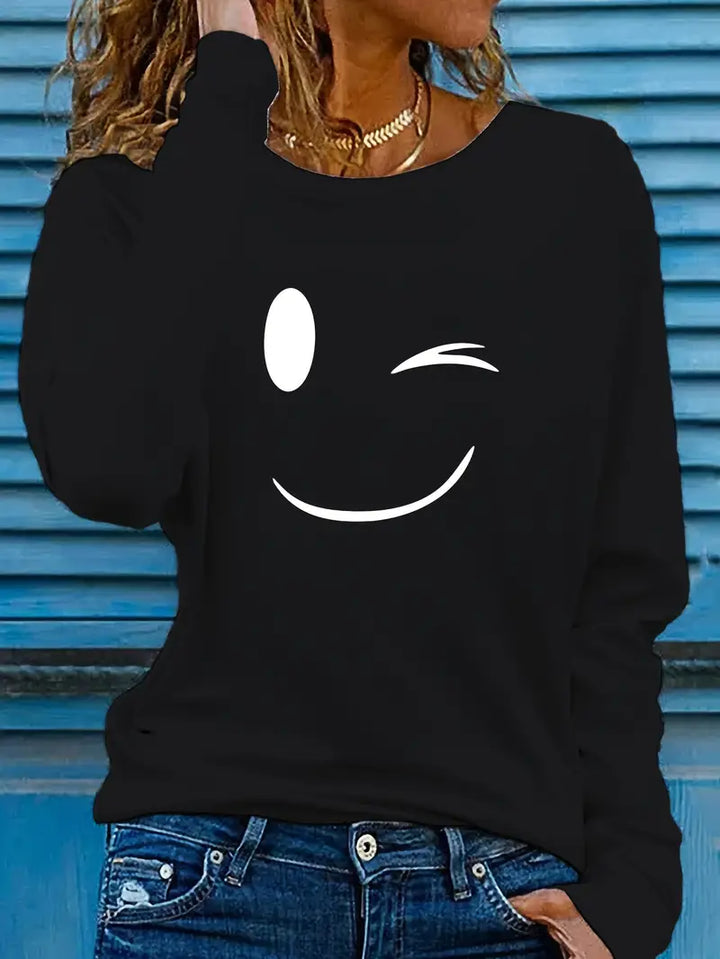 Odalina - Casual Smiley Wink Printed T-Shirt
