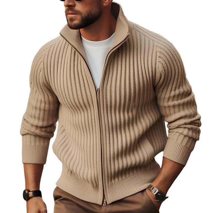 Men’s Ribbed Zip-Up Knit Cardigan Sweater