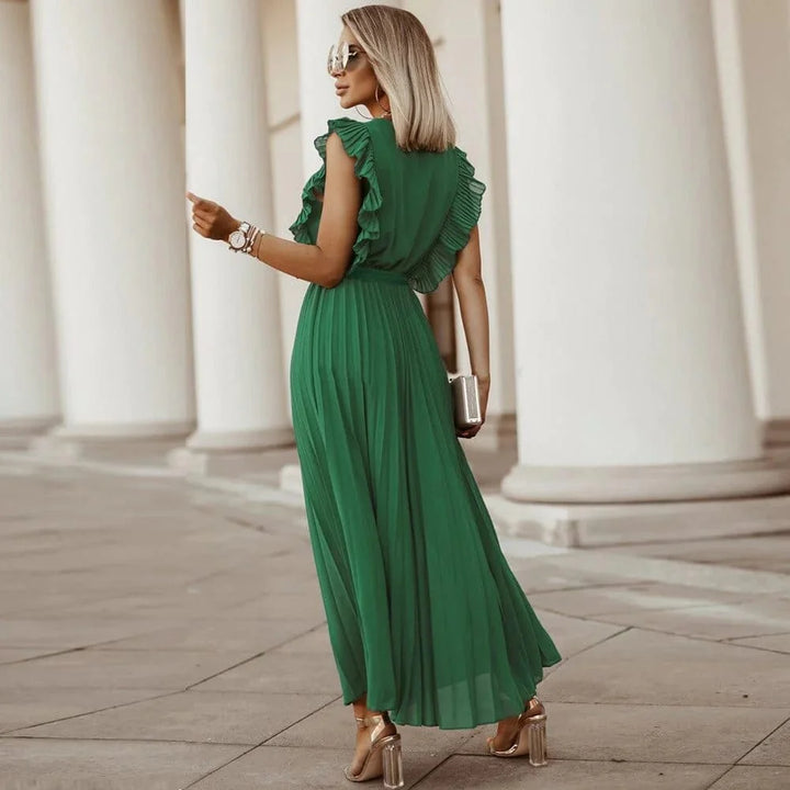 Green Bohemian Festive Wedding Guest Dress with V-Neck